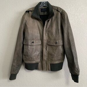 Banana Republic Bomber Flight Jacket Mens L Genuine Leather Olive Green Brown